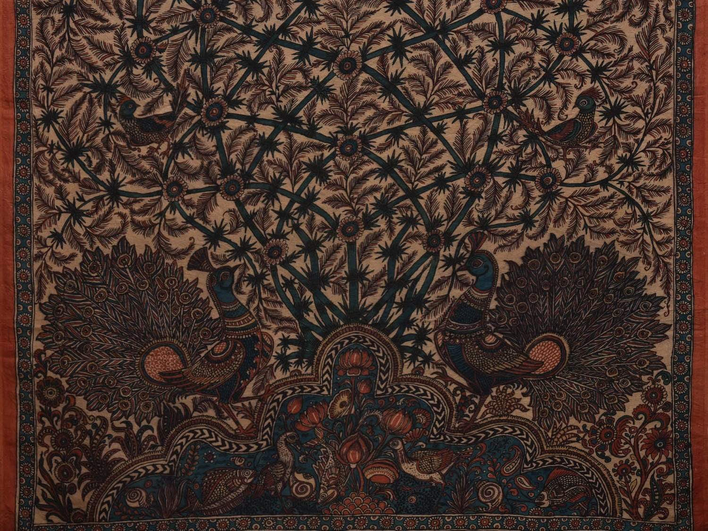 Cream Kalamkari Hand Painted Silk Handloom Saree with Floral and Tree of Life Pallu Design No Blouse KL0568