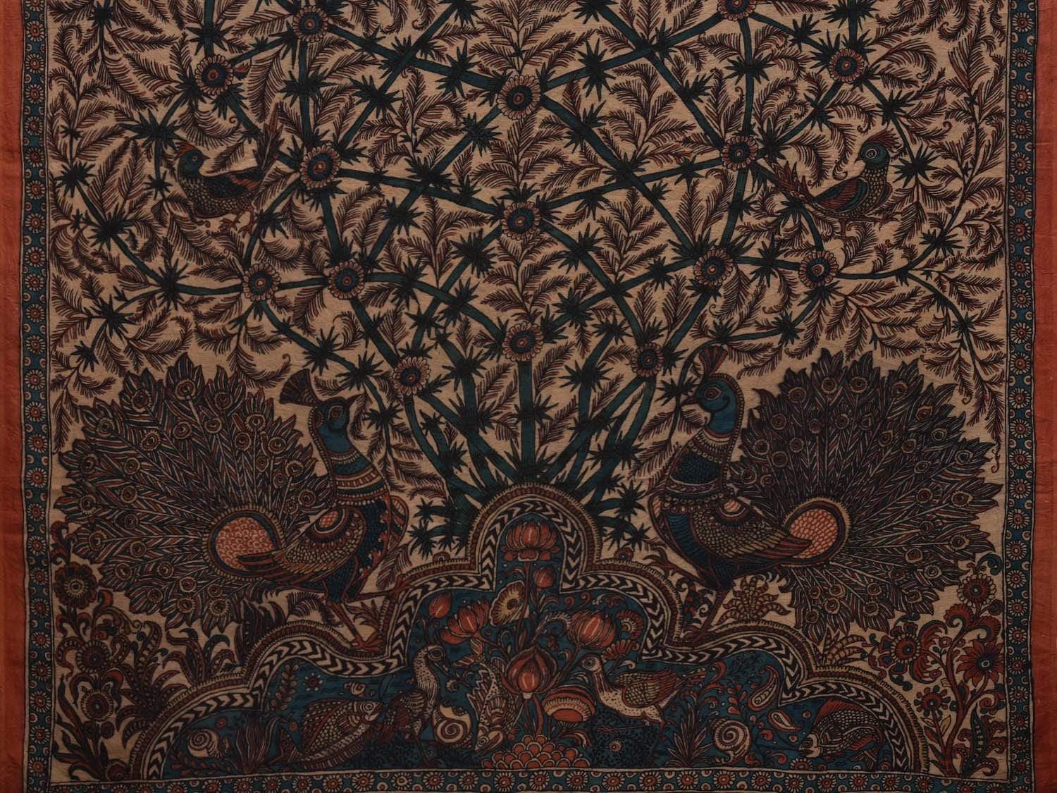 Cream Kalamkari Hand Painted Silk Handloom Saree with Floral and Tree of Life Pallu Design No Blouse KL0568