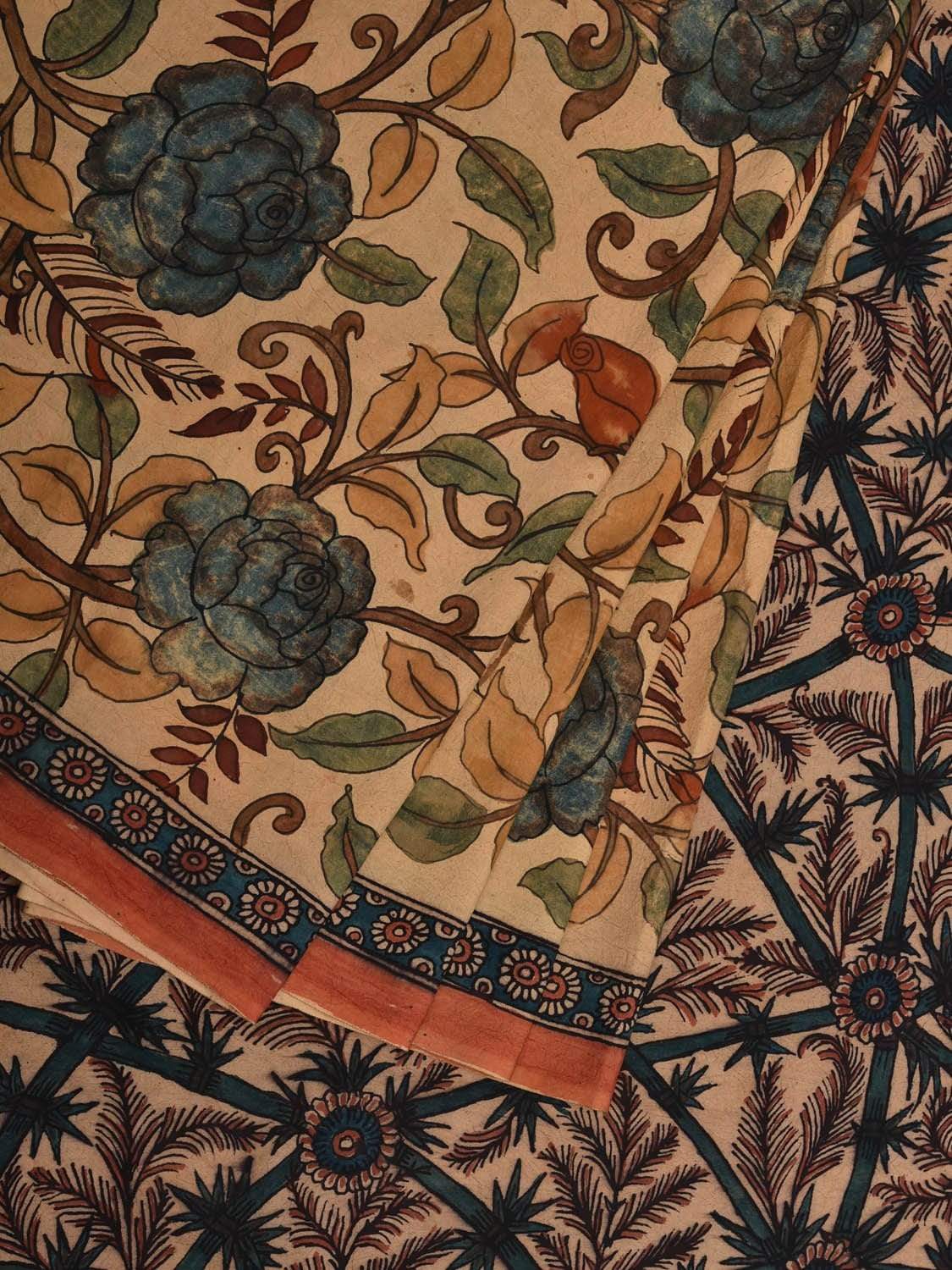 Cream Kalamkari Hand Painted Silk Handloom Saree with Floral and Tree of Life Pallu Design No Blouse KL0568