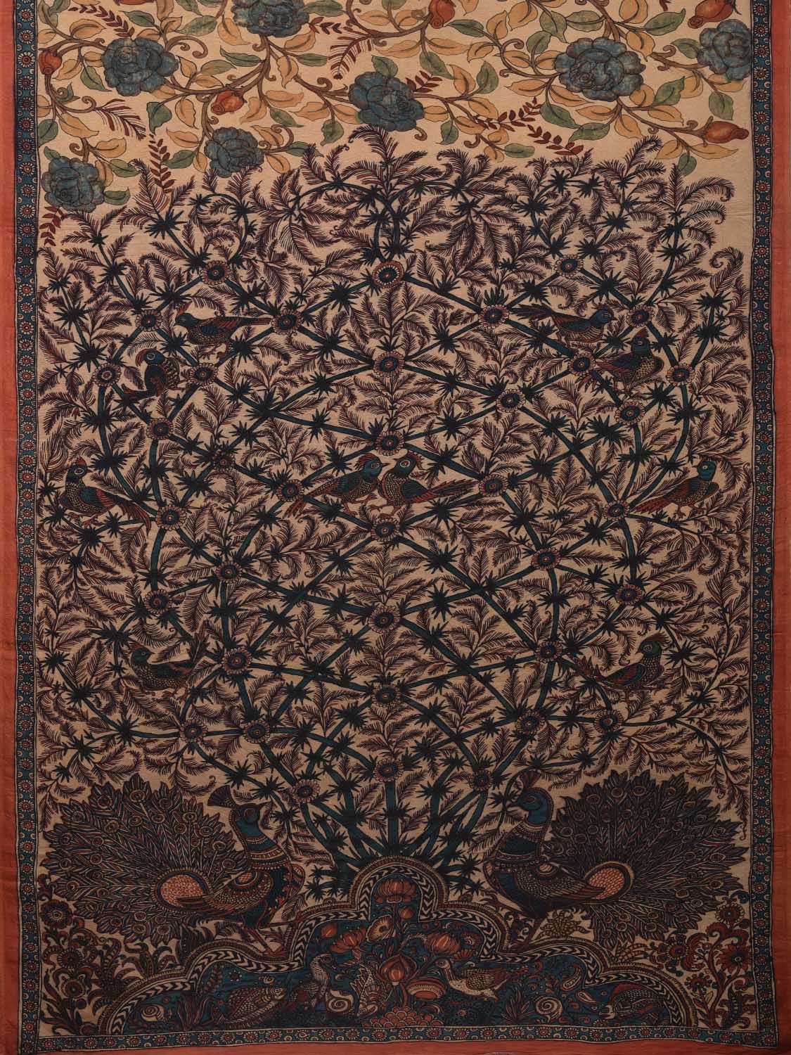 Cream Kalamkari Hand Painted Silk Handloom Saree with Floral and Tree of Life Pallu Design No Blouse KL0568