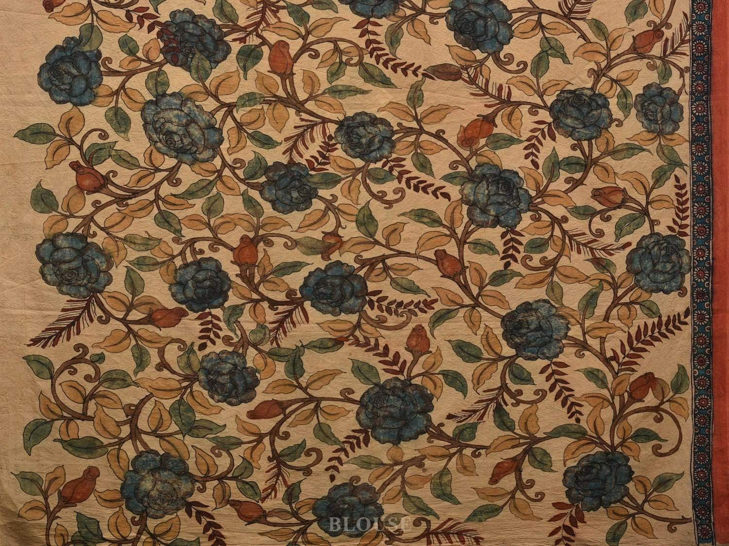 Cream Kalamkari Hand Painted Silk Handloom Saree with Floral and Tree of Life Pallu Design No Blouse KL0568