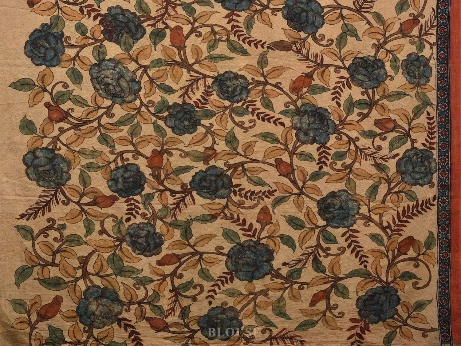 Cream Kalamkari Hand Painted Silk Handloom Saree with Floral and Tree of Life Pallu Design No Blouse KL0568