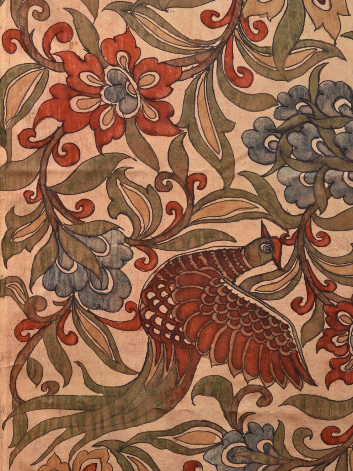 Cream Kalamkari Hand Painted Silk Handloom Saree With Flowers and Birds Design KL0764