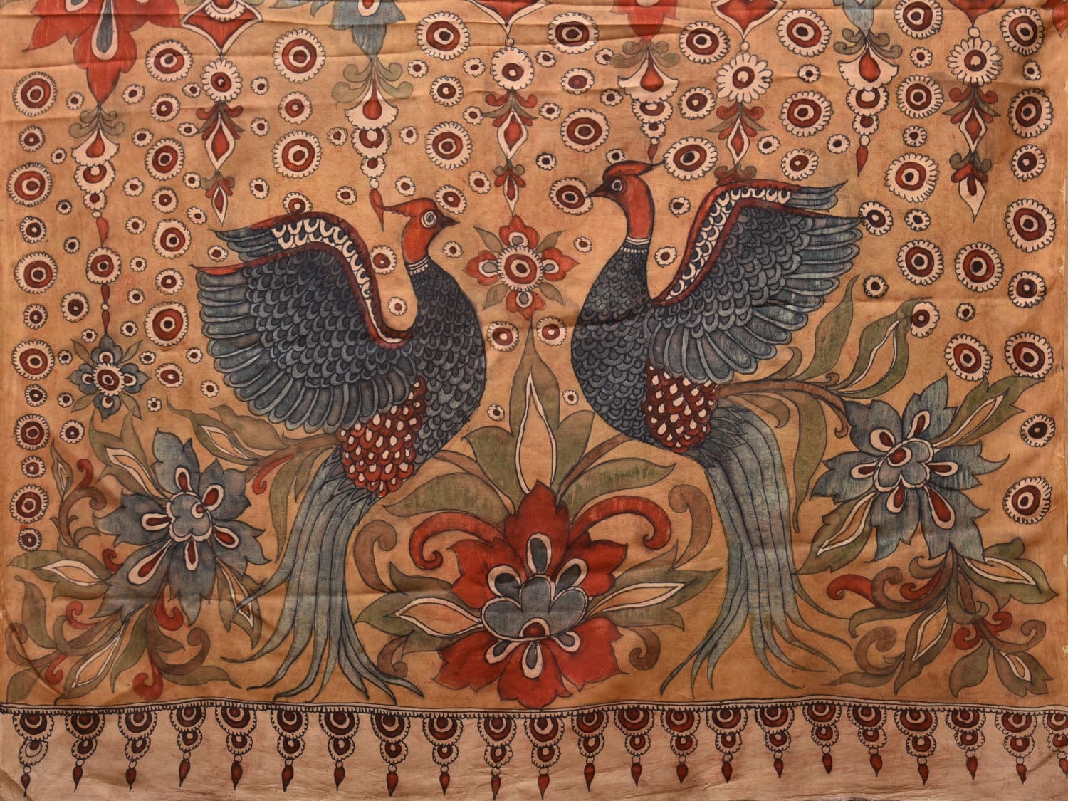 Cream Kalamkari Hand Painted Silk Handloom Saree With Flowers and Birds Design KL0764