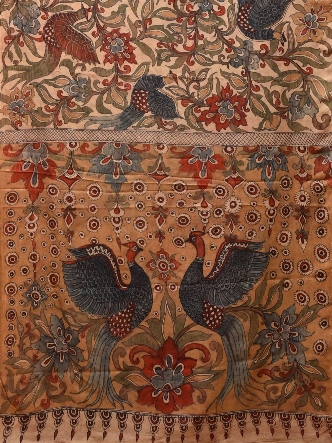 Cream Kalamkari Hand Painted Silk Handloom Saree With Flowers and Birds Design KL0764