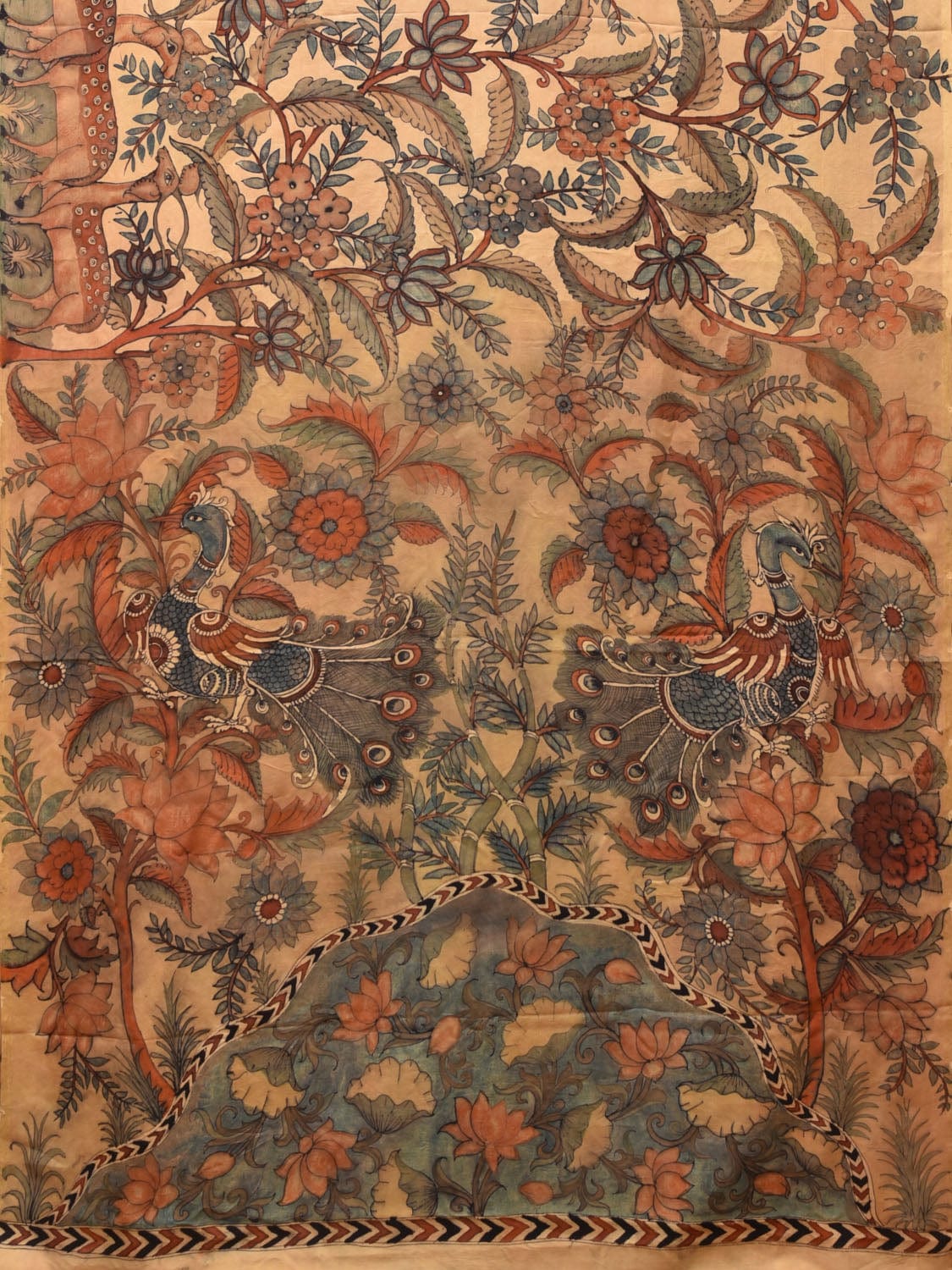 Cream Kalamkari Hand Painted Silk Handloom Saree with Peacocks Pallu and Deers Border Design KL0758