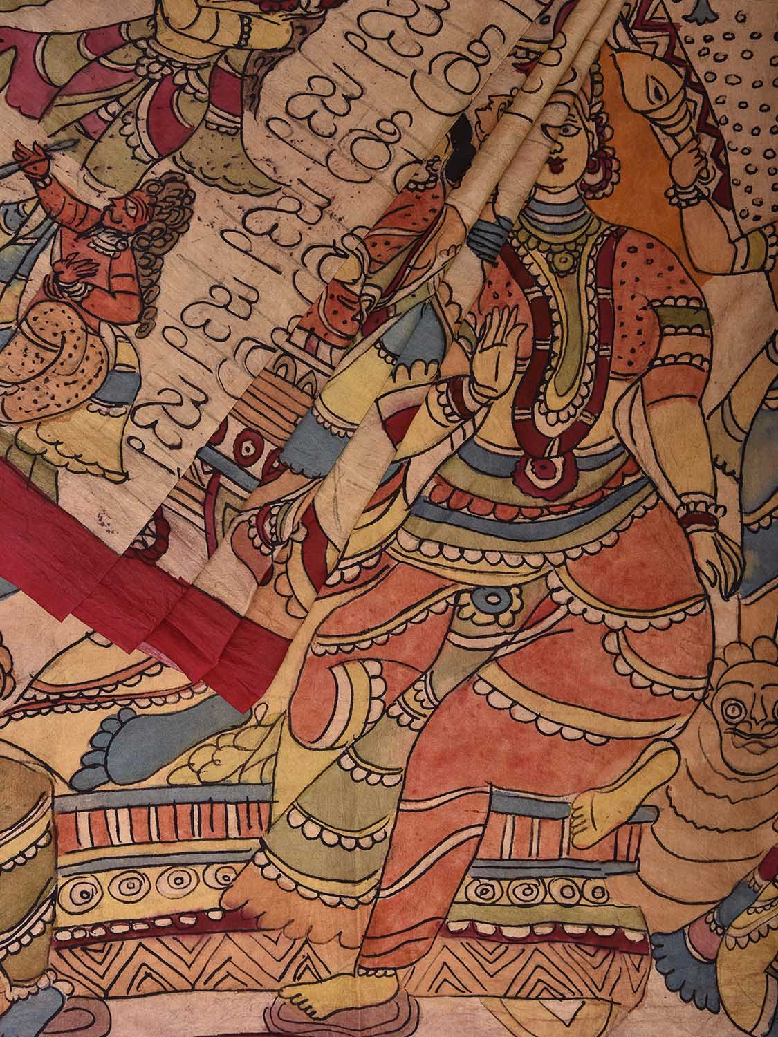 Cream Kalamkari Hand Painted Silk Handloom Saree with Ramayana Written Story Design kl0788