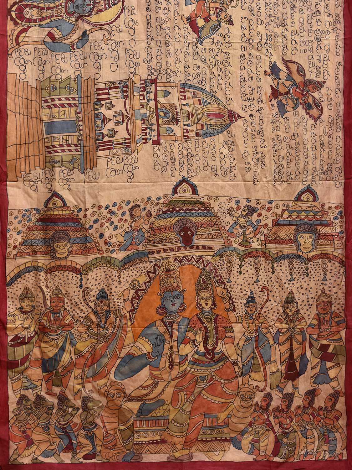 Cream Kalamkari Hand Painted Silk Handloom Saree with Ramayana Written Story Design kl0788