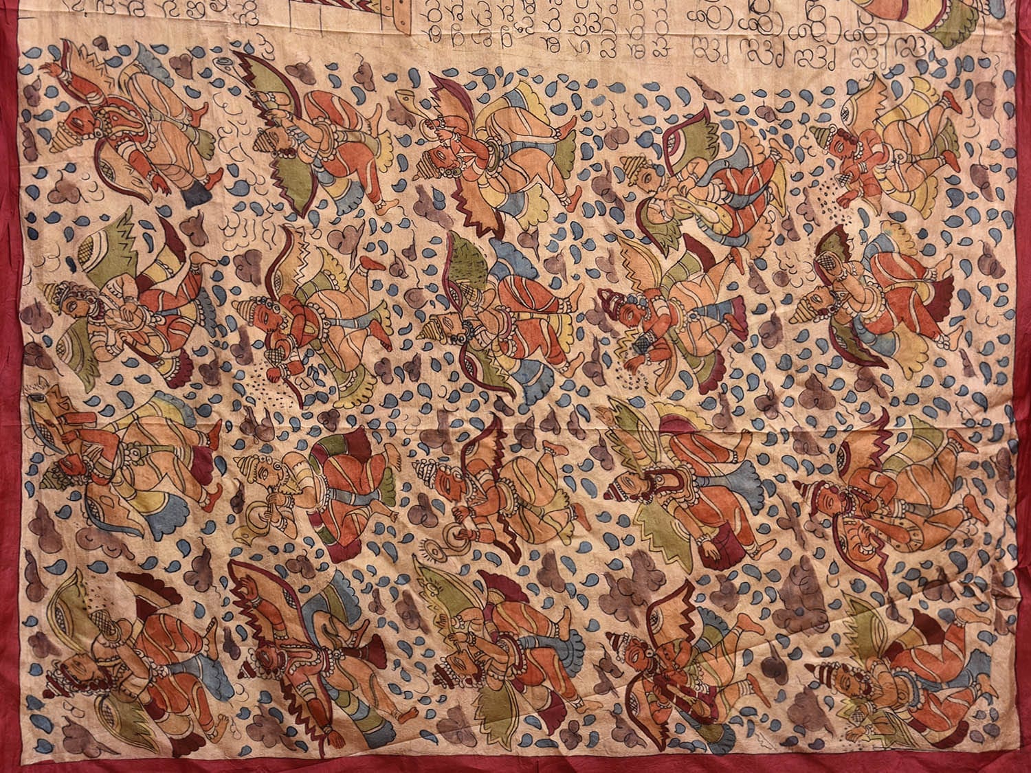 Cream Kalamkari Hand Painted Silk Handloom Saree with Ramayana Written Story Design kl0788