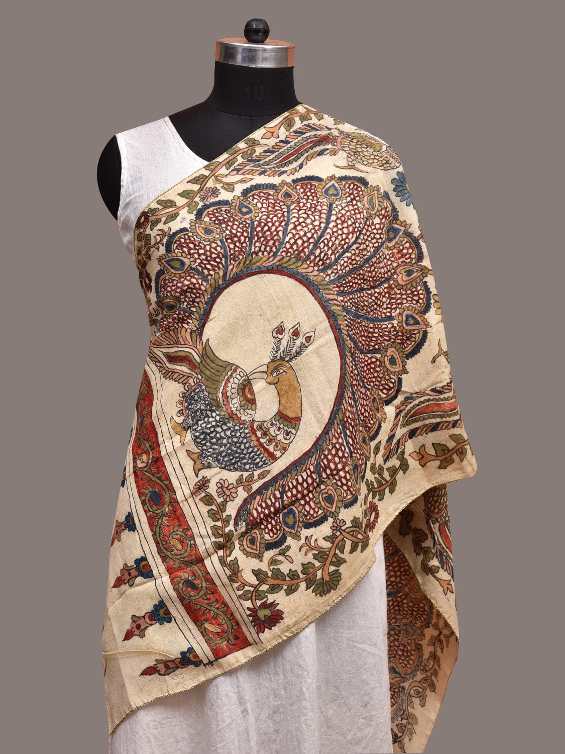 Cream Kalamkari Hand Painted Silk Handloom Stole Peacocks Design ds3615