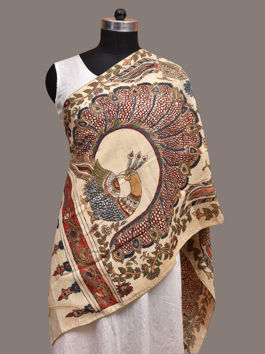 Cream Kalamkari Hand Painted Silk Handloom Stole Peacocks Design ds3615