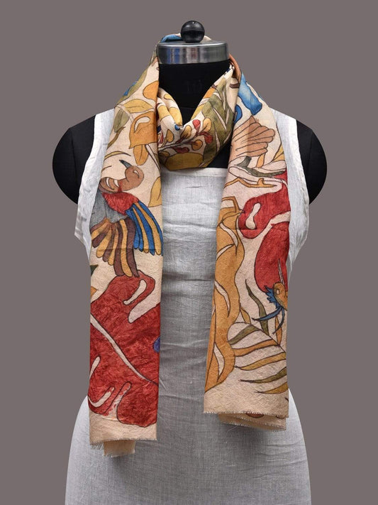 Cream Kalamkari Hand Painted Silk Handloom Stole with Birds and Leaves Design ds2412