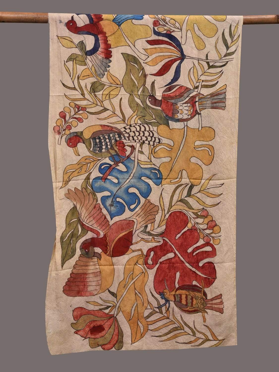 Cream Kalamkari Hand Painted Silk Handloom Stole with Birds and Leaves Design ds2412