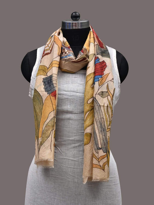 Cream Kalamkari Hand Painted Silk Handloom Stole with Birds and Leaves Design ds2414