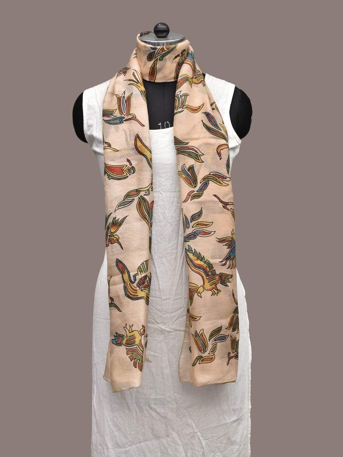 Cream Kalamkari Hand Painted Silk Handloom Stole with Birds Design ds2266
