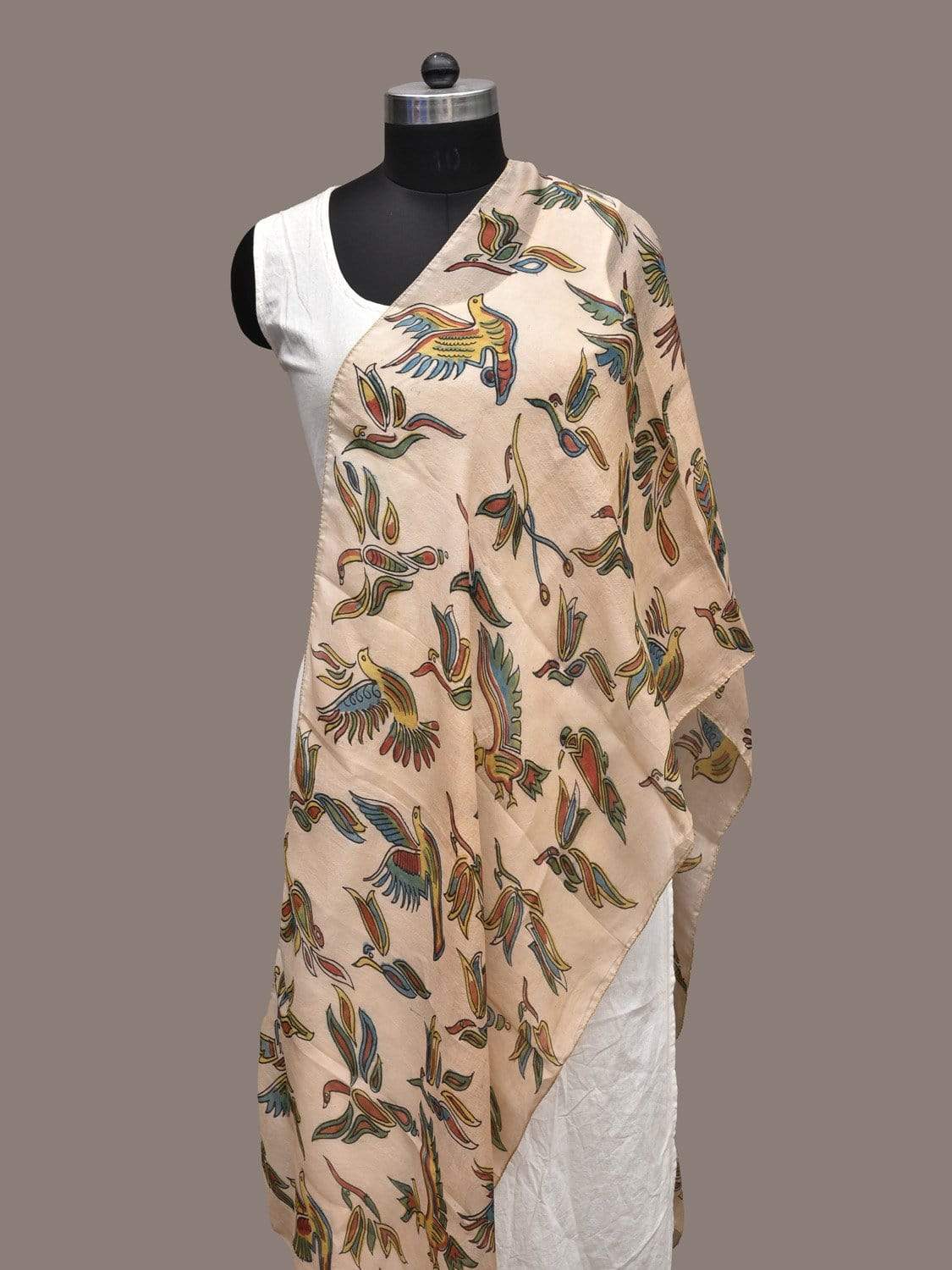 Cream Kalamkari Hand Painted Silk Handloom Stole with Birds Design ds2266