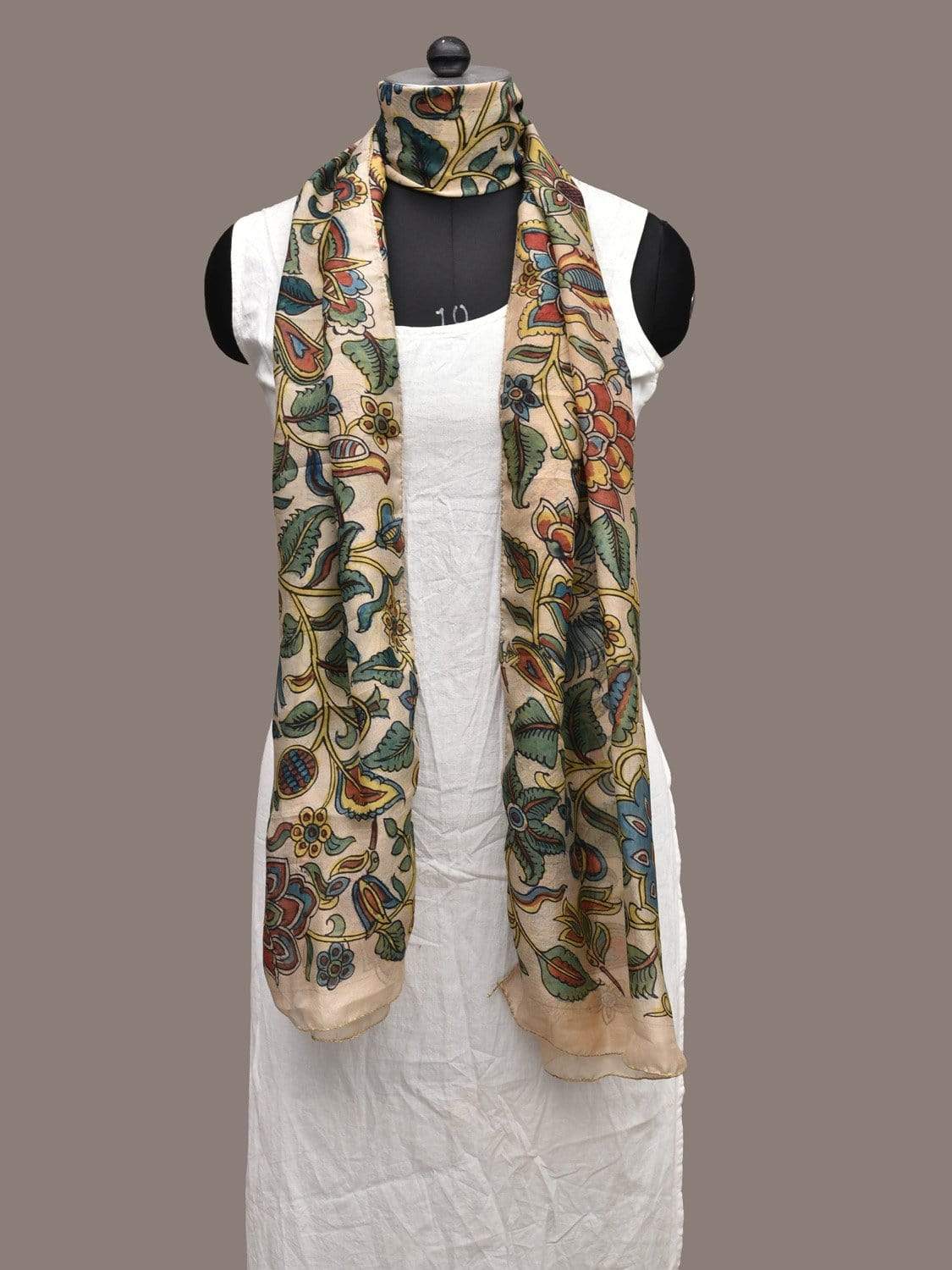 Cream Kalamkari Hand Painted Silk Handloom Stole with Floral Design ds2264