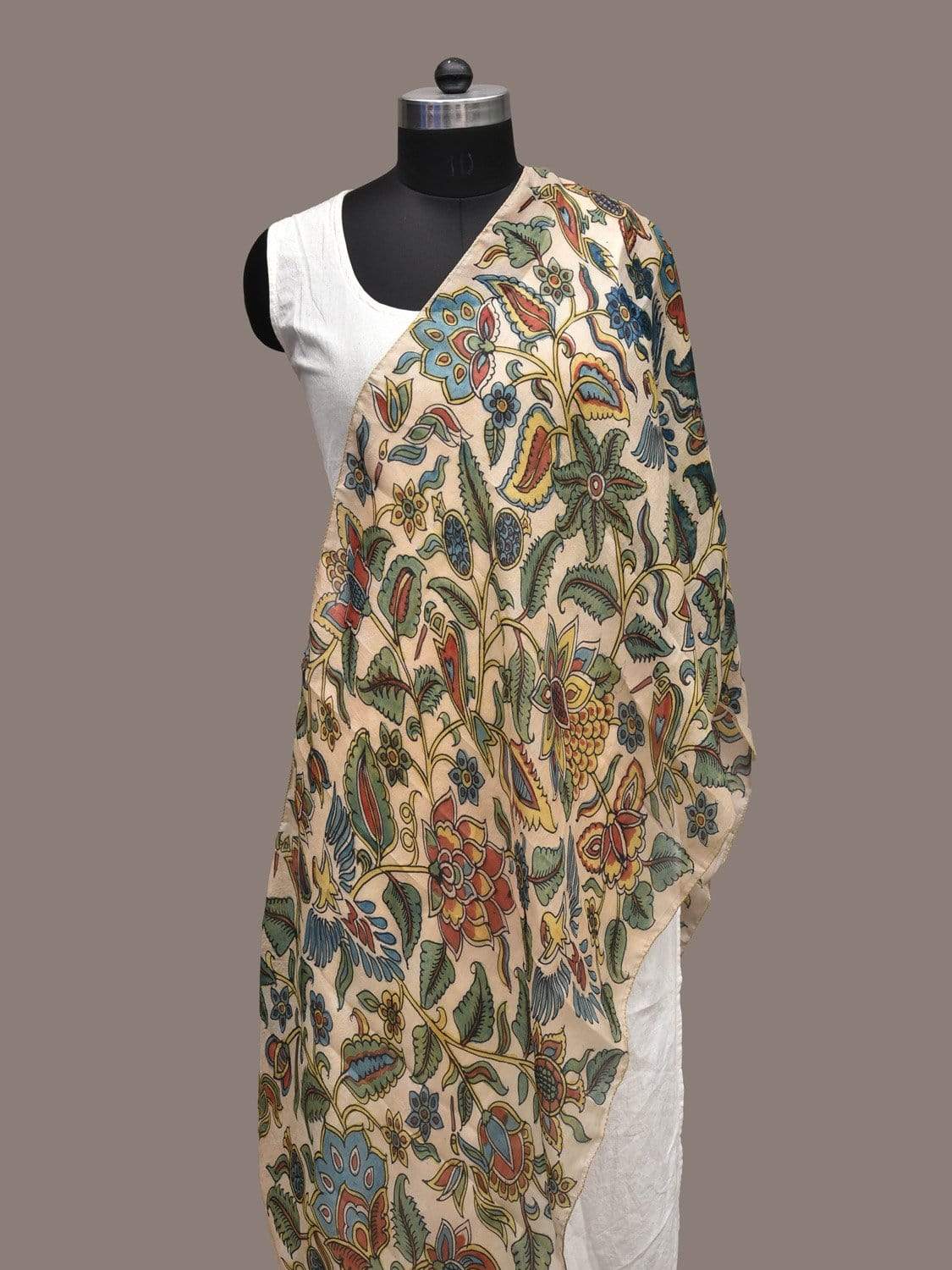 Cream Kalamkari Hand Painted Silk Handloom Stole with Floral Design ds2264
