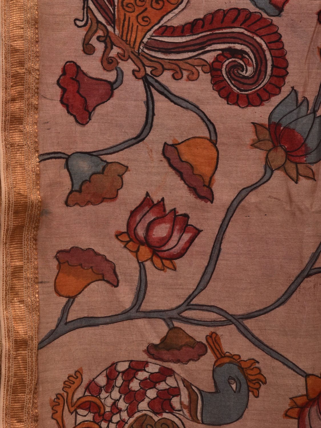 Cream Kalamkari Hand Painted Silk Muga Handloom Saree with Lotus and Birds Design KL0682