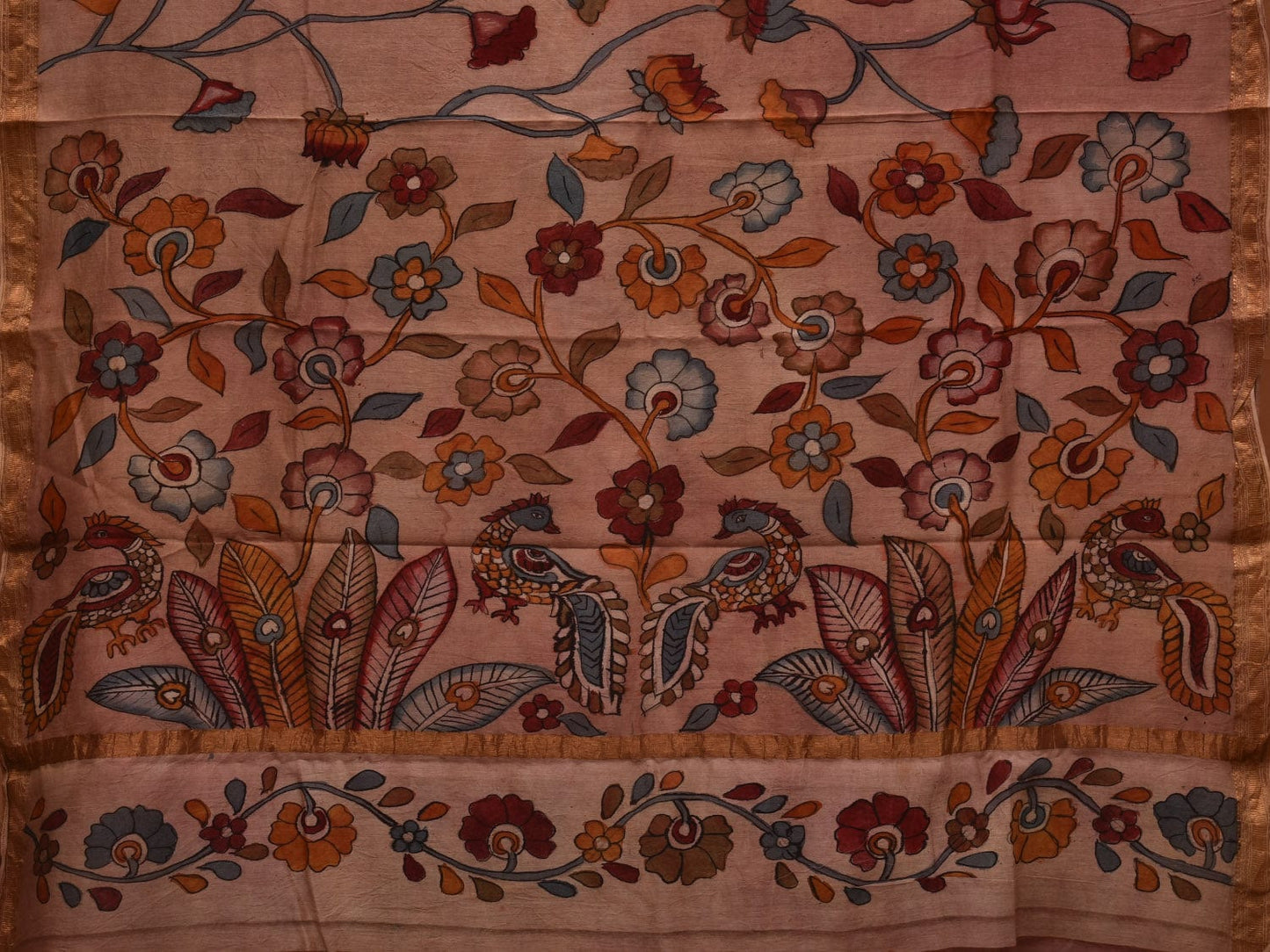 Cream Kalamkari Hand Painted Silk Muga Handloom Saree with Lotus and Birds Design KL0682
