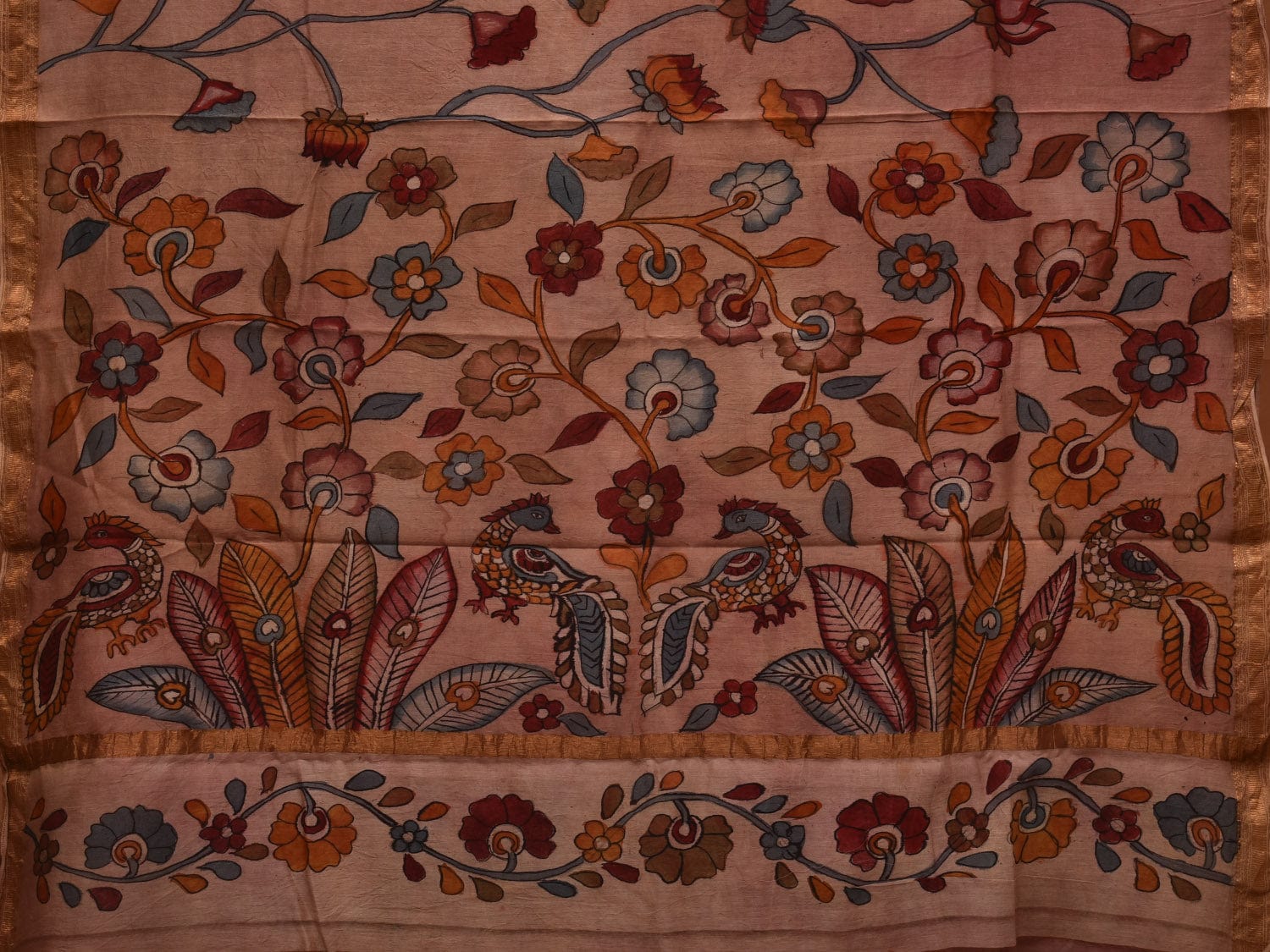 Cream Kalamkari Hand Painted Silk Muga Handloom Saree with Lotus and Birds Design KL0682