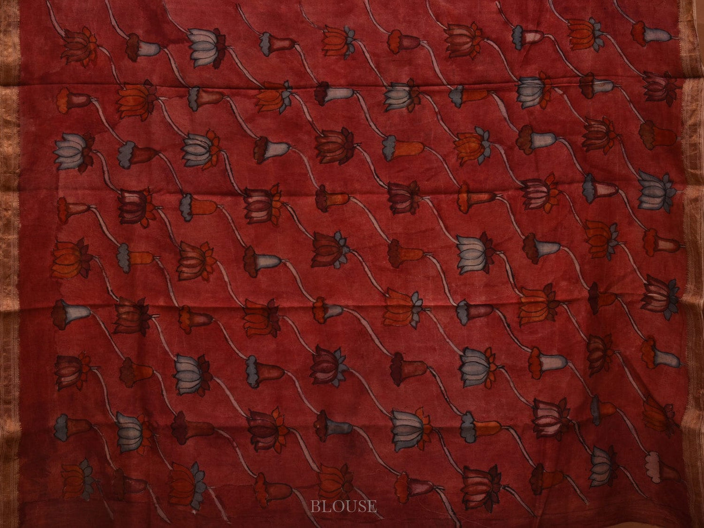 Cream Kalamkari Hand Painted Silk Muga Handloom Saree with Lotus and Birds Design KL0682