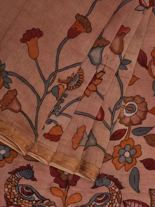 Cream Kalamkari Hand Painted Silk Muga Handloom Saree with Lotus and Birds Design KL0682