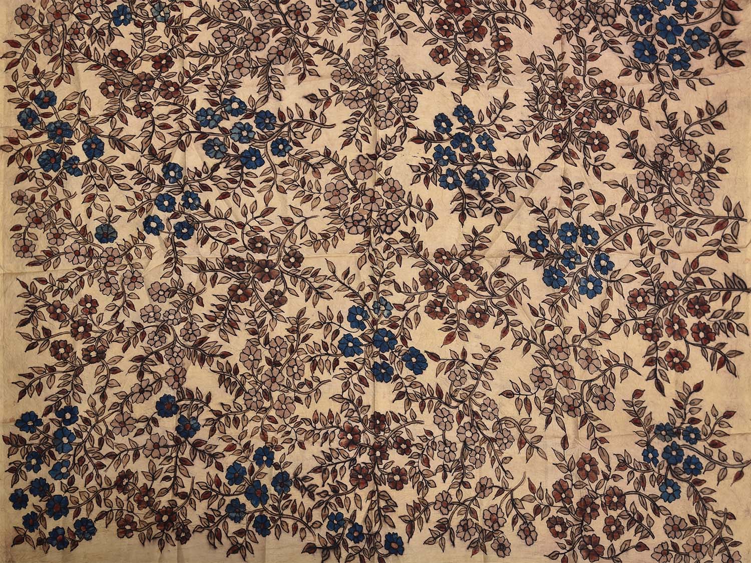 Cream Kalamkari Hand Painted Silk Saree with Lotus Flowers Design KL0806