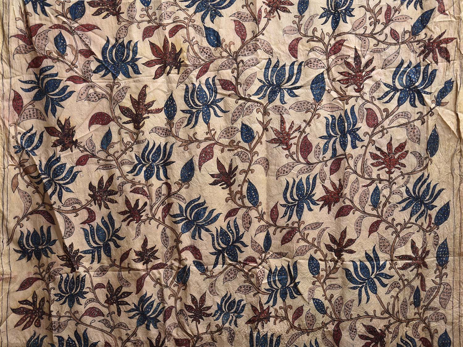 Cream Kalamkari Hand Painted Silk Saree with Lotus Flowers Design KL0806