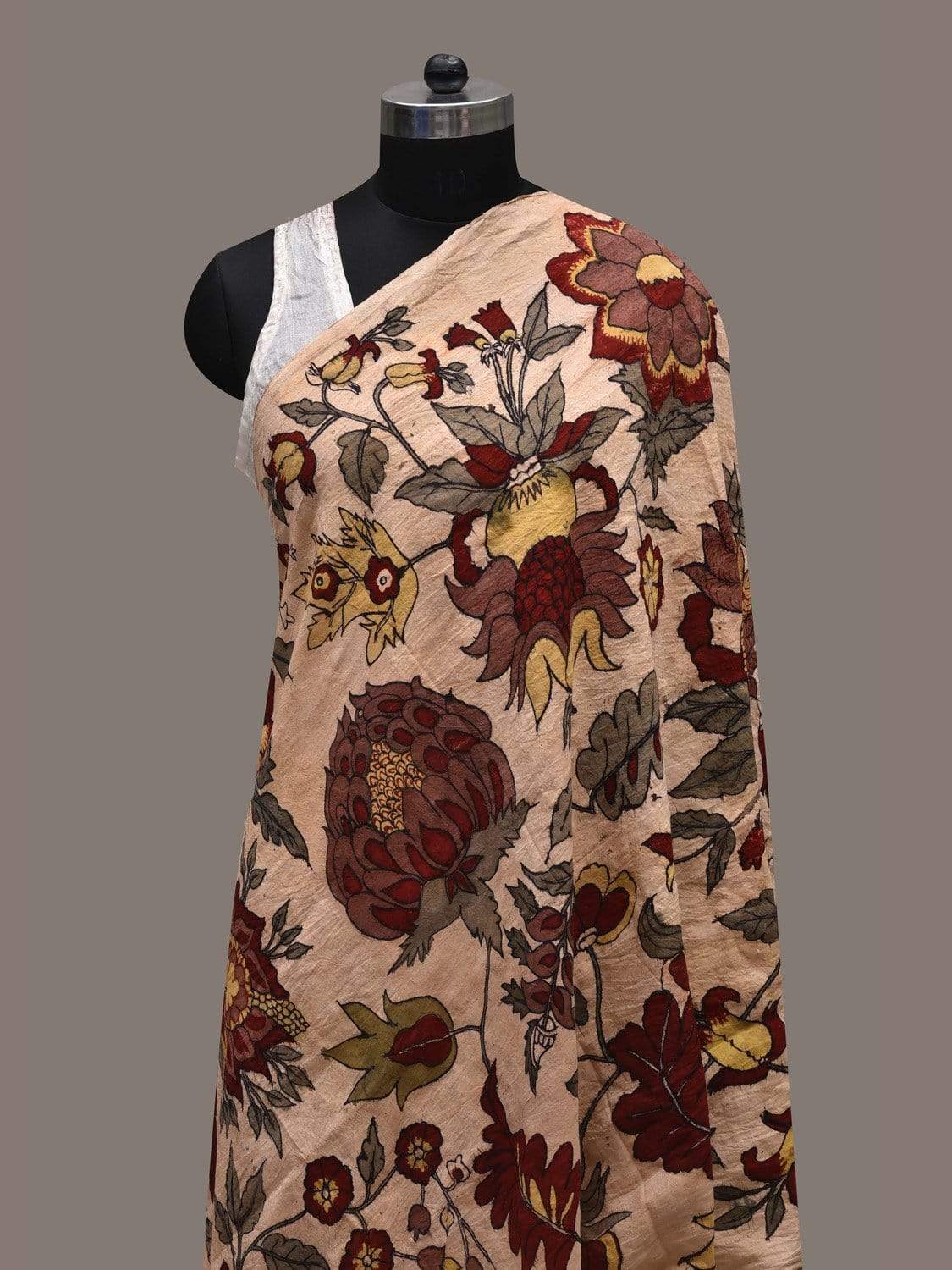 Cream Kalamkari Hand Painted Spun Cotton Handloom Dupatta with Floral Design ds2543