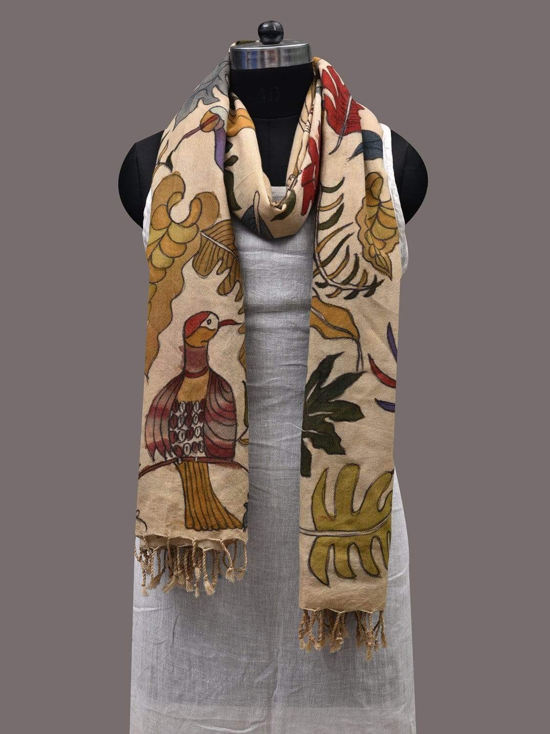 Cream Kalamkari Hand Painted Spun Silk Handloom Dupatta with Birds and Leaves Design ds2423
