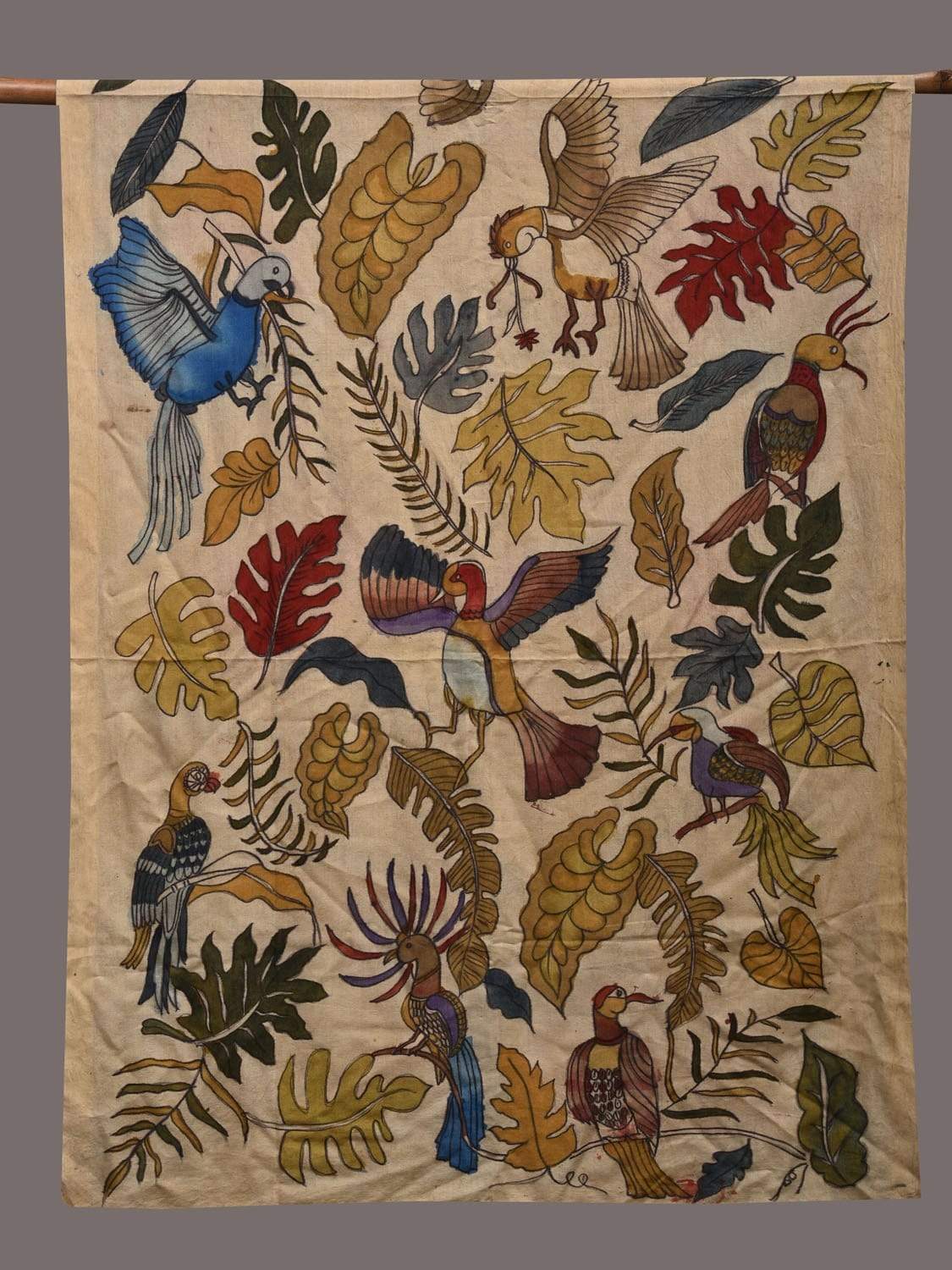 Cream Kalamkari Hand Painted Spun Silk Handloom Dupatta with Birds and Leaves Design ds2423