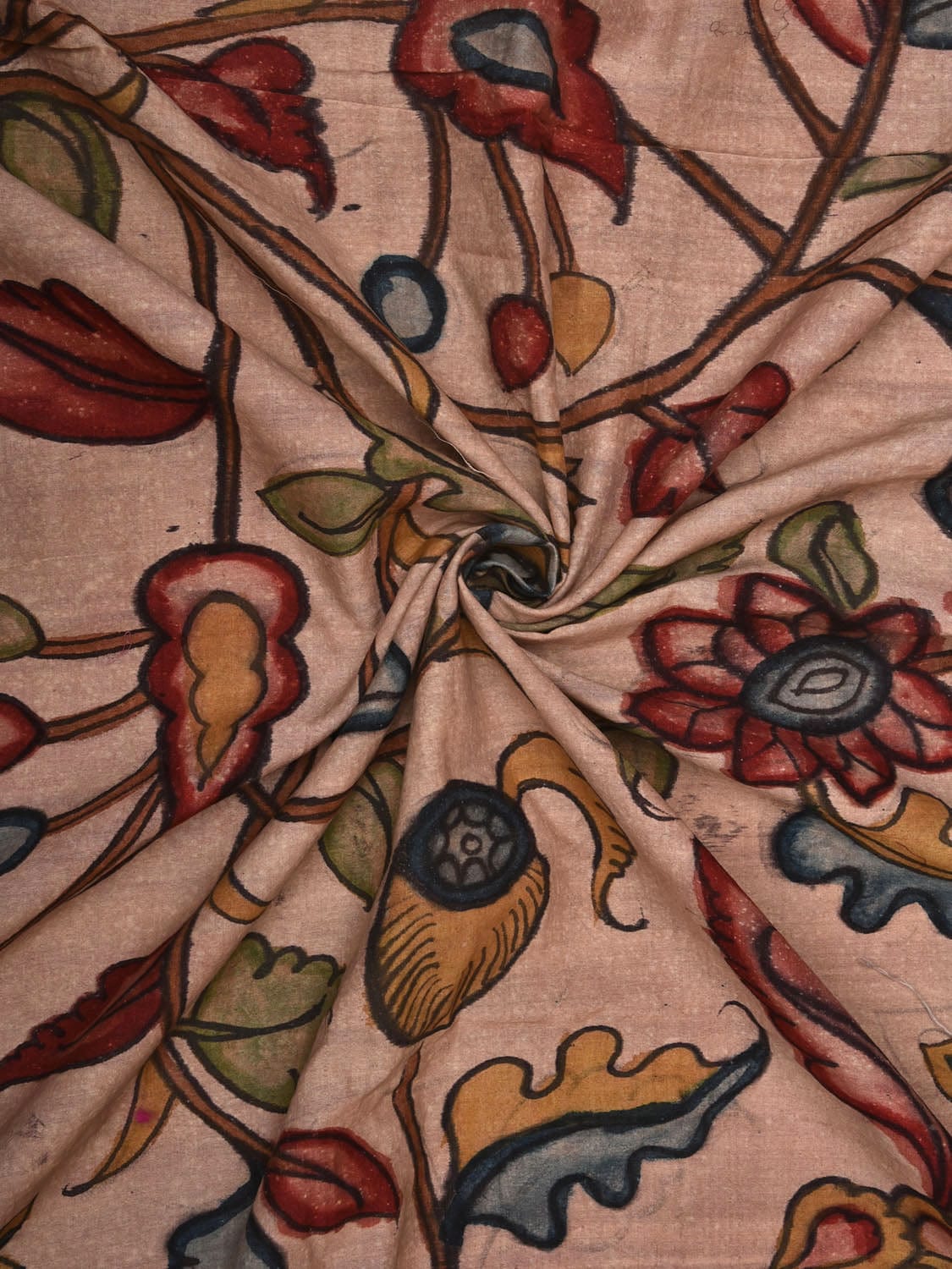 Cream Kalamkari Hand Painted Tussar Cotton Handloom 3mts Fabric with Floral Design f0212