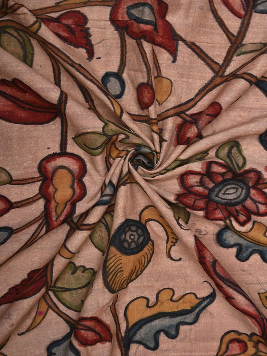 Cream Kalamkari Hand Painted Tussar Cotton Handloom 3mts Fabric with Floral Design f0212