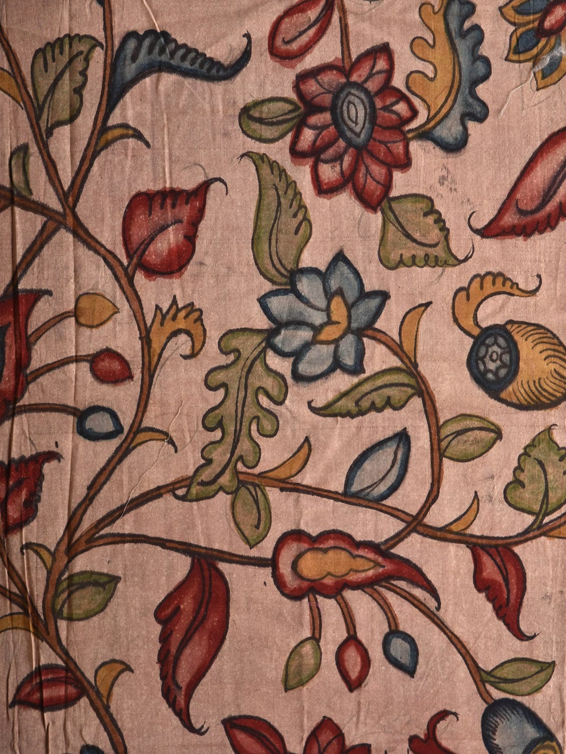 Cream Kalamkari Hand Painted Tussar Cotton Handloom 3mts Fabric with Floral Design f0212