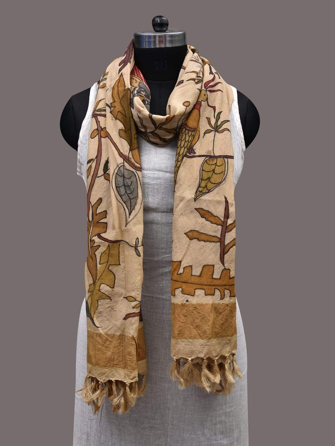 Cream Kalamkari Hand Painted Tussar Cotton Handloom Dupatta with Birds and Leaves Design ds2421