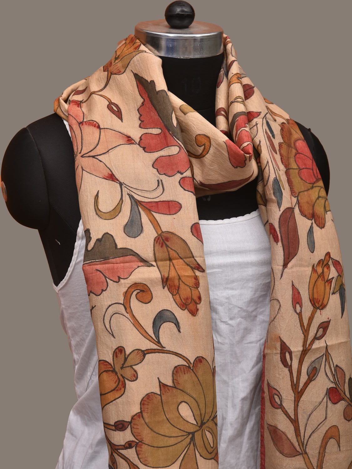 Cream Kalamkari Hand Painted Tussar Cotton Handloom Stole with Floral Design ds3098
