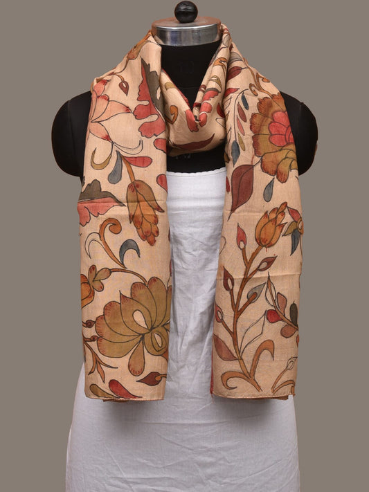 Cream Kalamkari Hand Painted Tussar Cotton Handloom Stole with Floral Design ds3098
