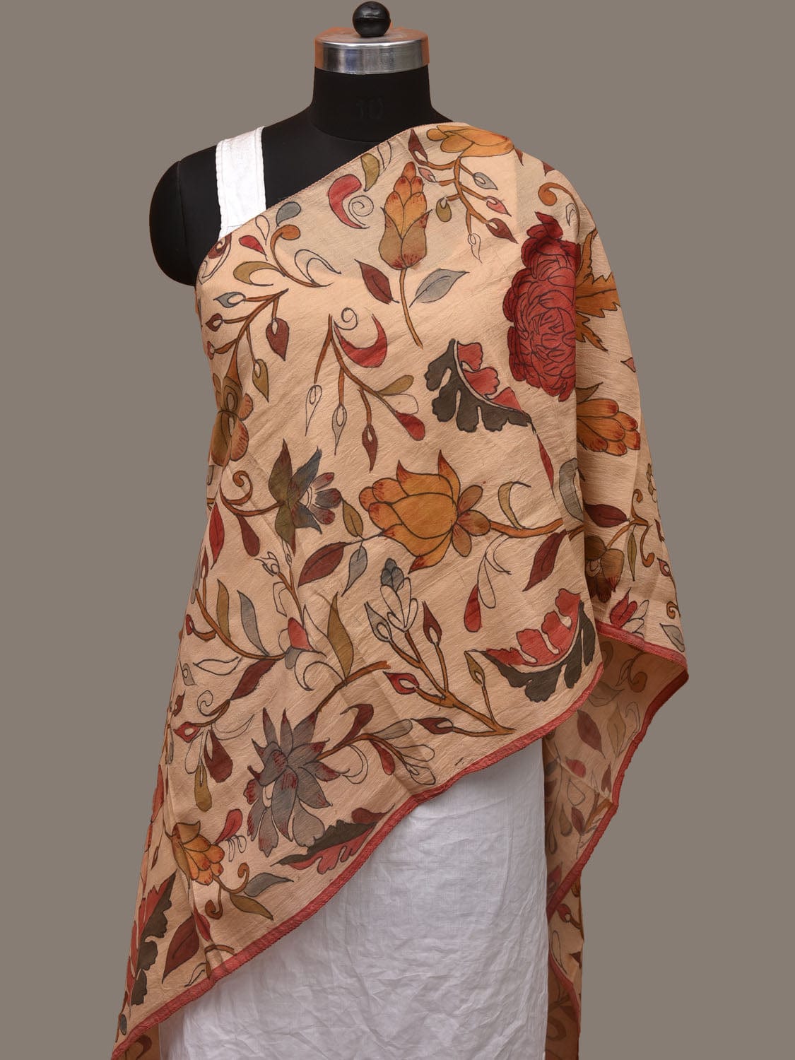 Cream Kalamkari Hand Painted Tussar Cotton Handloom Stole with Floral Design ds3098