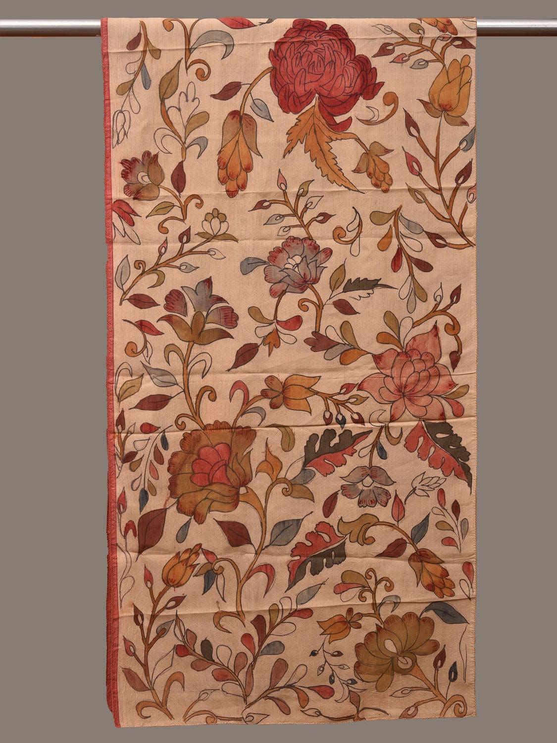 Cream Kalamkari Hand Painted Tussar Cotton Handloom Stole with Floral Design ds3098