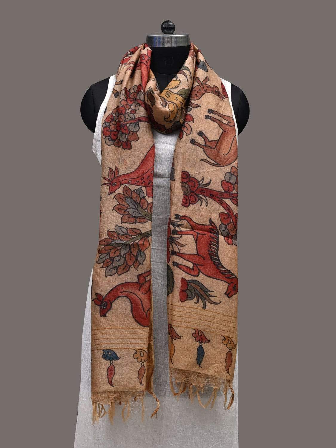 Cream Kalamkari Hand Painted Tussar Handloom Dupatta with Animals Design ds2424