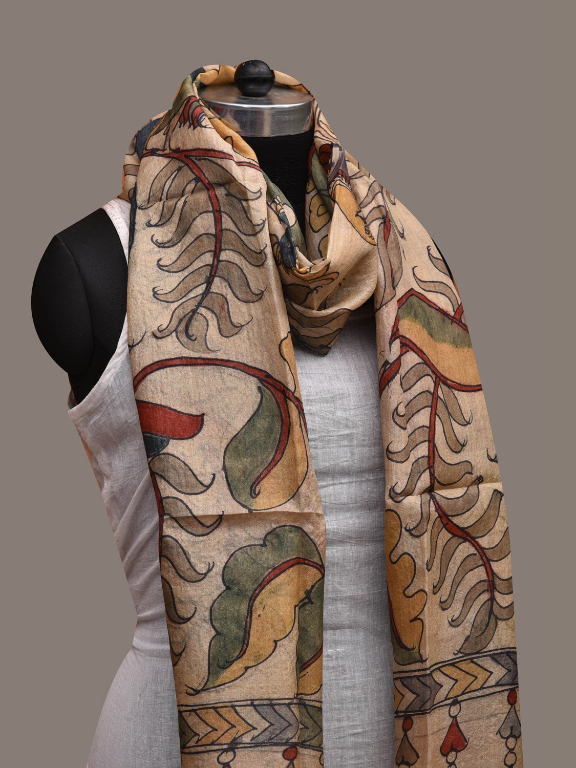 Cream Kalamkari Hand Painted Tussar Handloom Dupatta with Birds and Floral Design ds2671