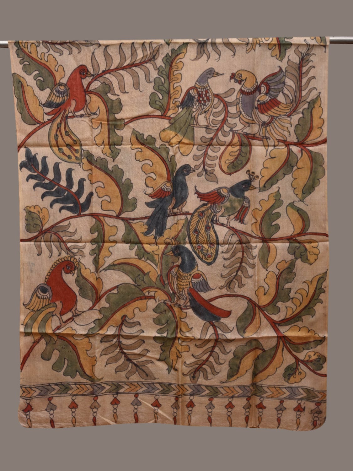 Cream Kalamkari Hand Painted Tussar Handloom Dupatta with Birds and Floral Design ds2671