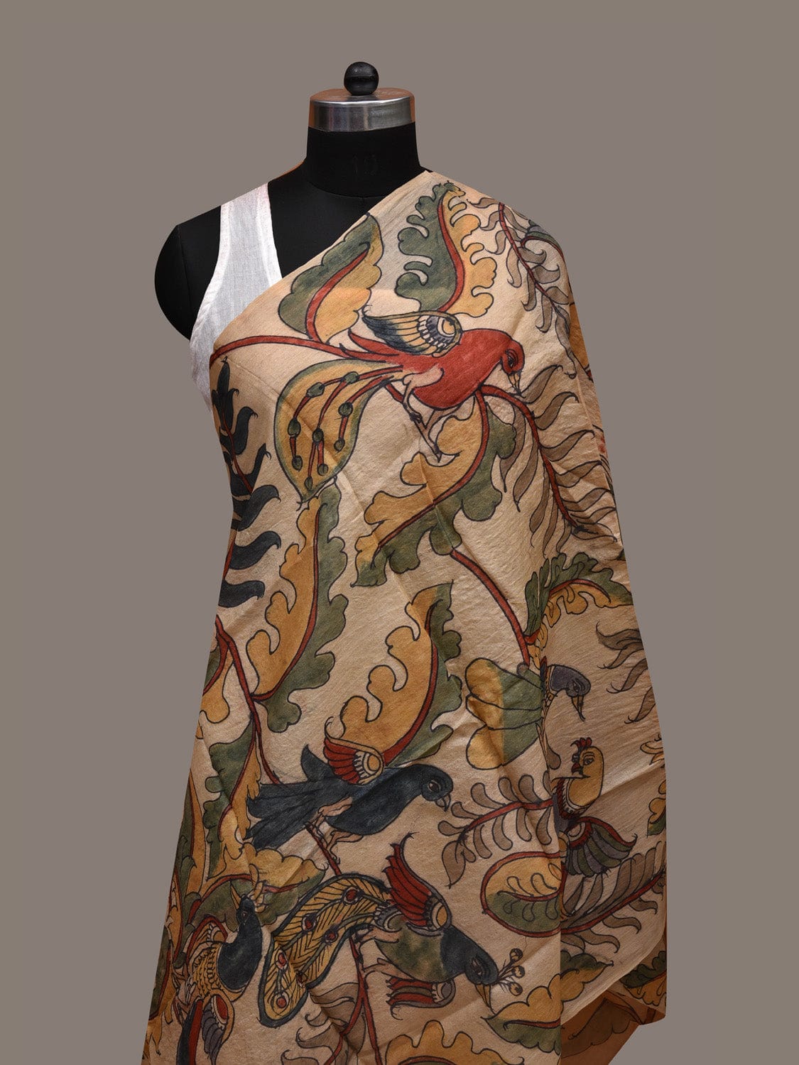 Cream Kalamkari Hand Painted Tussar Handloom Dupatta with Birds and Floral Design ds2671