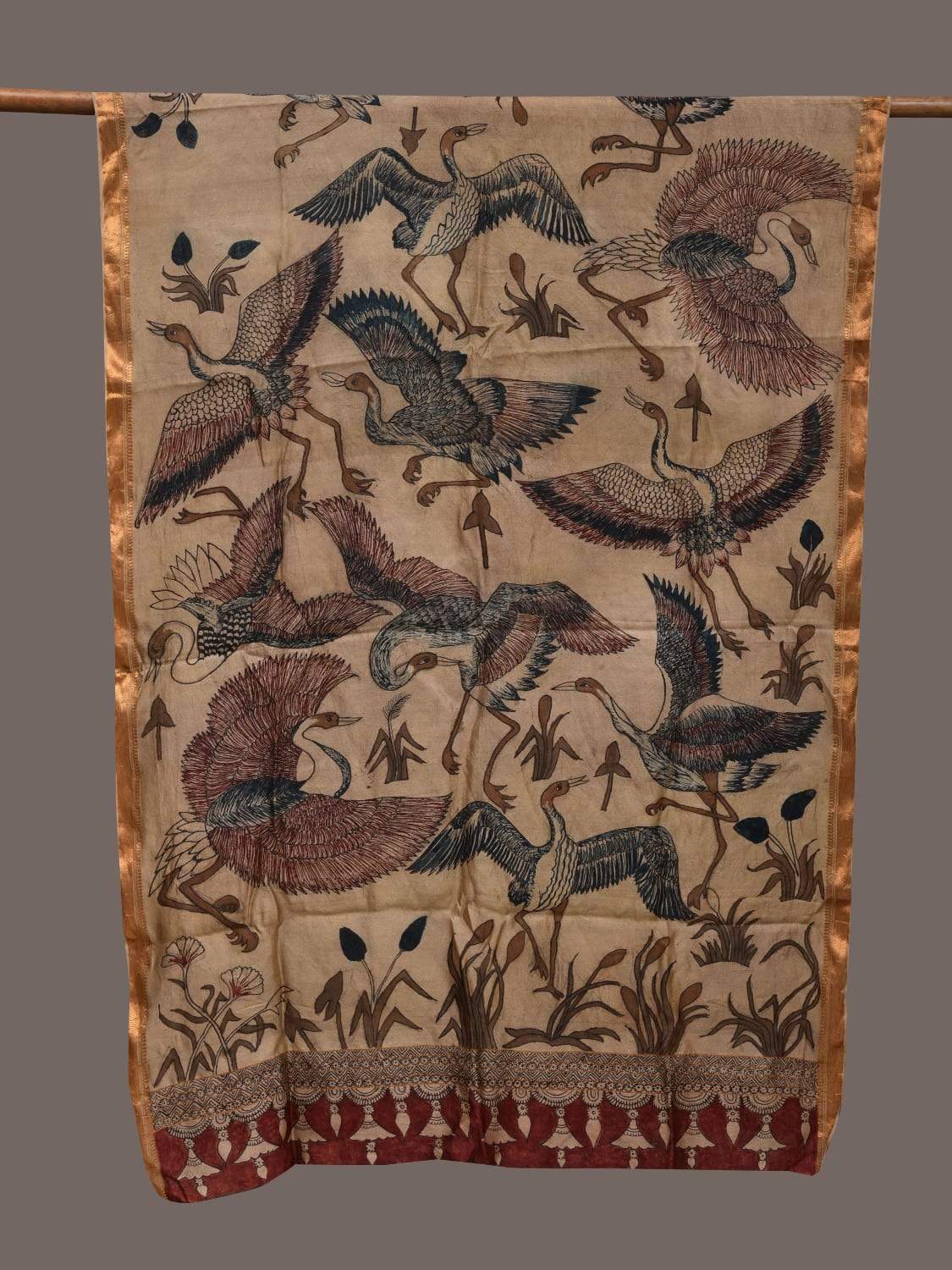 Cream Kalamkari Hand Painted Tussar Handloom Dupatta with Birds Design ds2367