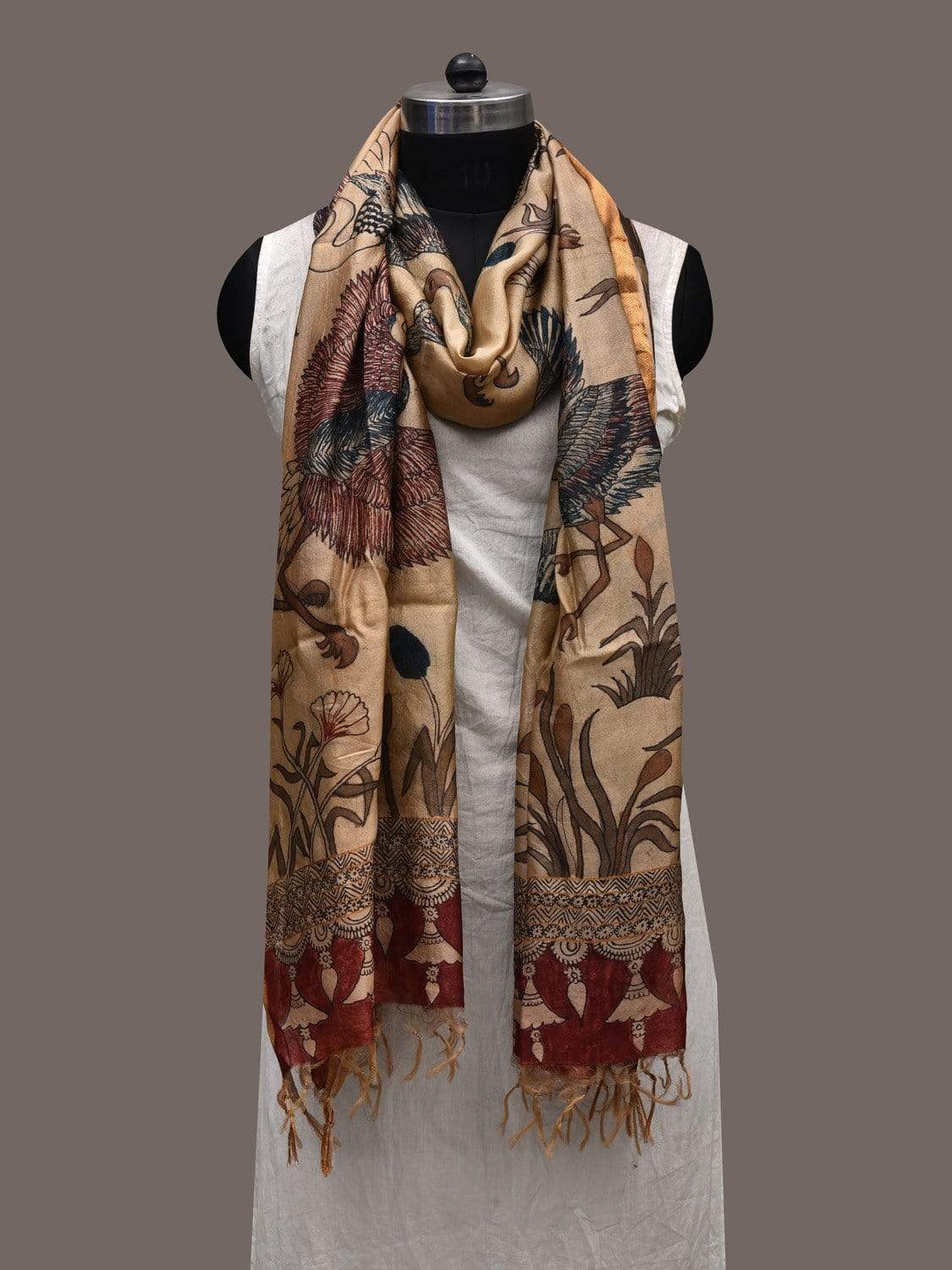 Cream Kalamkari Hand Painted Tussar Handloom Dupatta with Birds Design ds2367