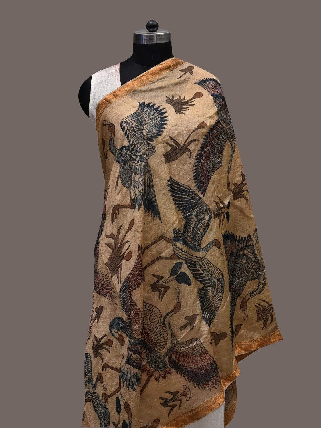 Cream Kalamkari Hand Painted Tussar Handloom Dupatta with Birds Design ds2367