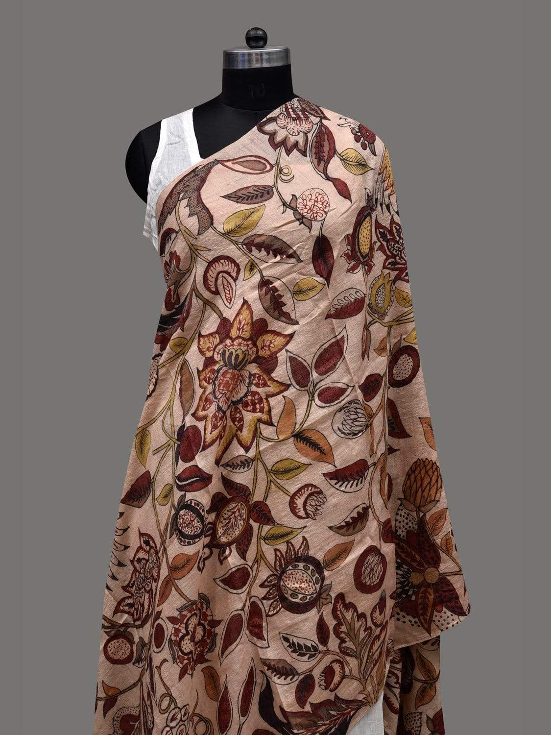 Cream Kalamkari Hand Painted Tussar Handloom Dupatta with Floral and Birds Design ds2408