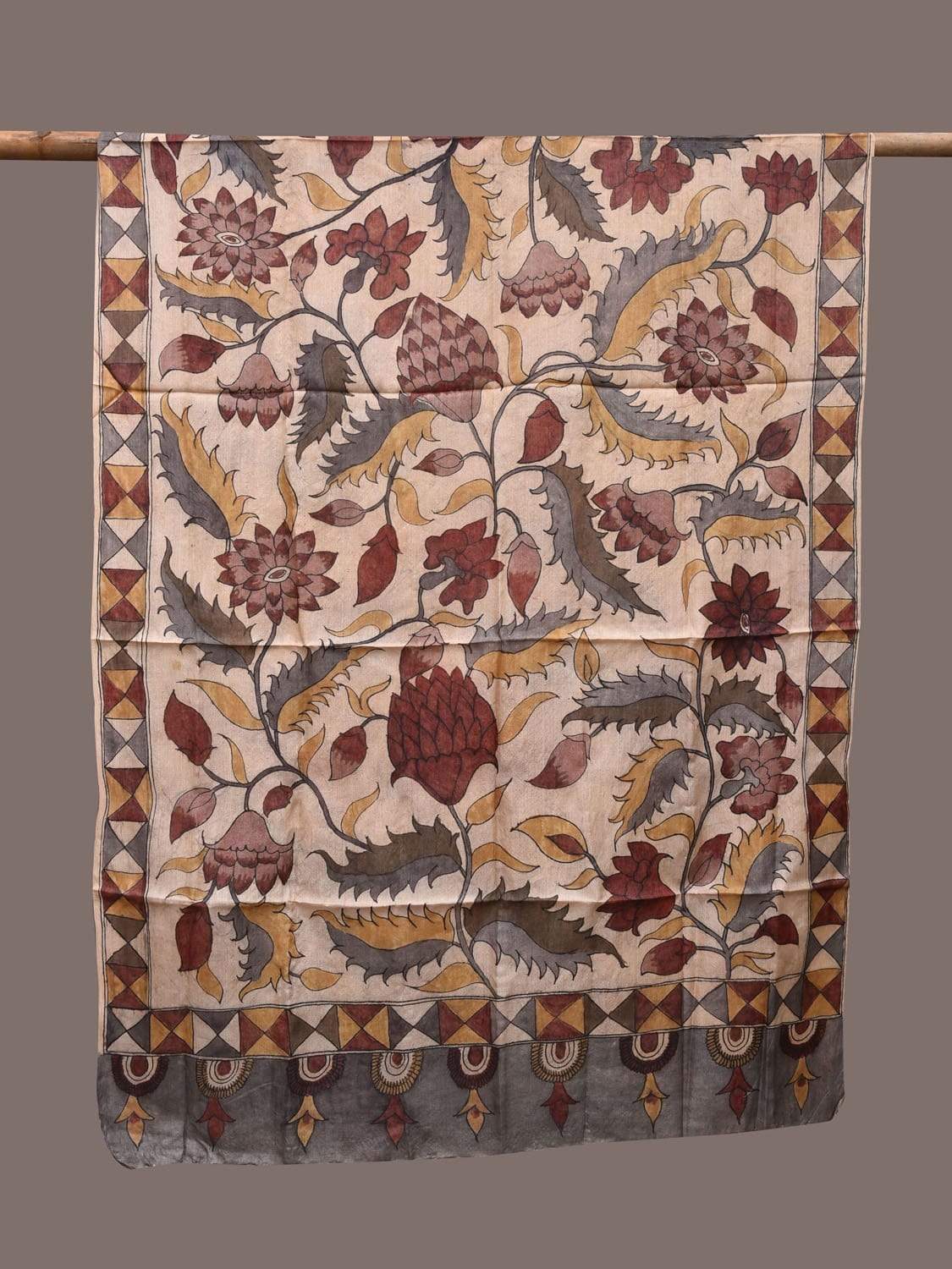 Cream Kalamkari Hand Painted Tussar Handloom Dupatta with Floral and Border Design ds2302