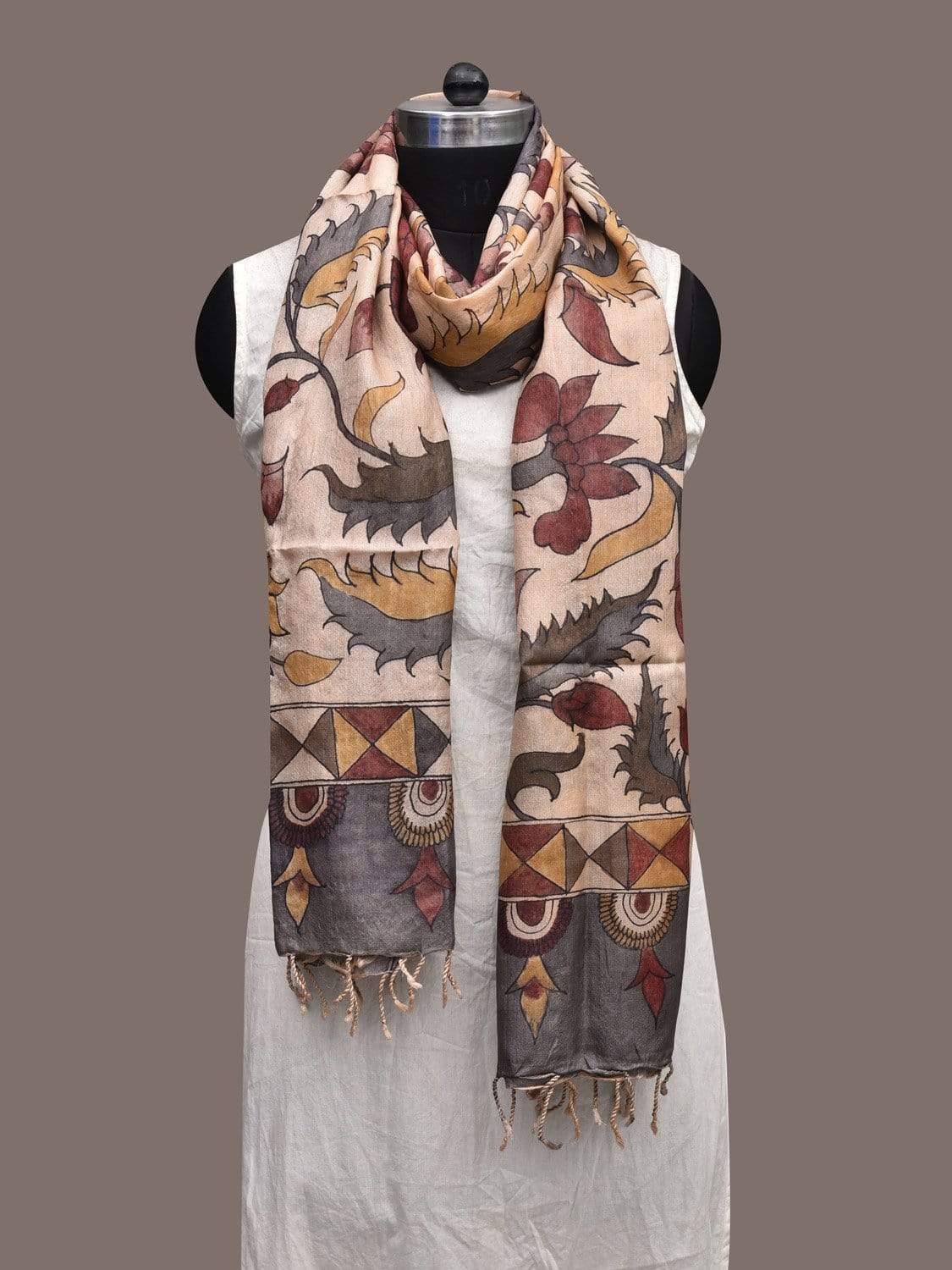 Cream Kalamkari Hand Painted Tussar Handloom Dupatta with Floral and Border Design ds2302